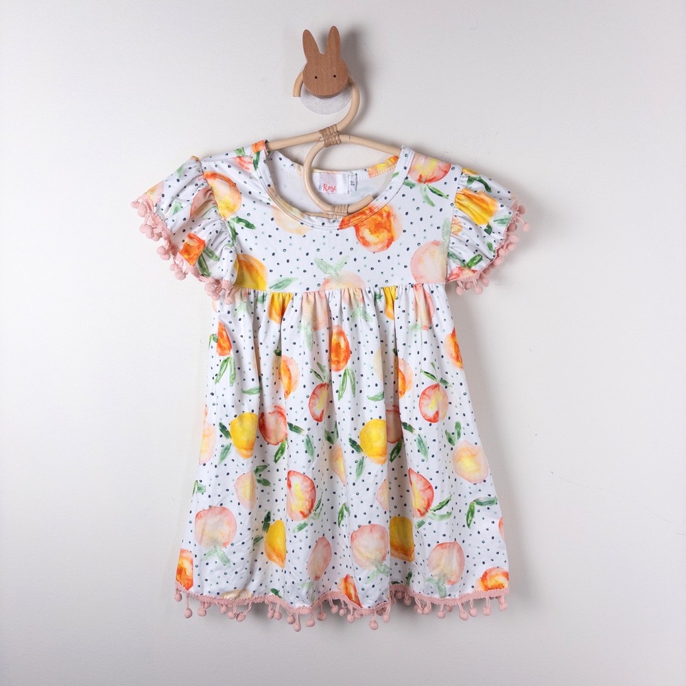 Mila & Rose Peach Print Dress Kids 2T White Orange Pom Pom Flutter Sleeve